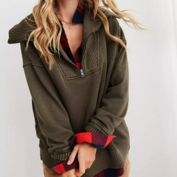 aerie Tops - AERIE Down-To-Earth Quarter-Zip Pullover Sweatshirt, Olive Green, Size Medium